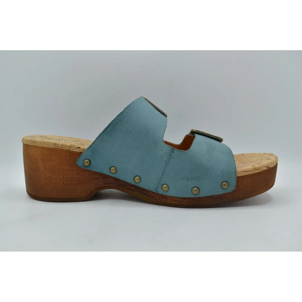 Kork-Ease Saffron Women 9 Turquoise Leather Cork Wedge Shoes Slide Sandals